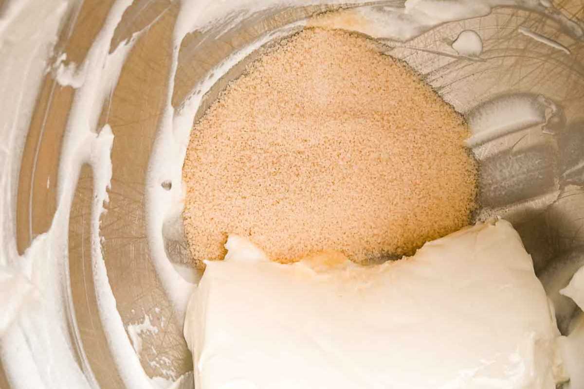 monk fruit sweetener and cream cheese in a silver bowl.