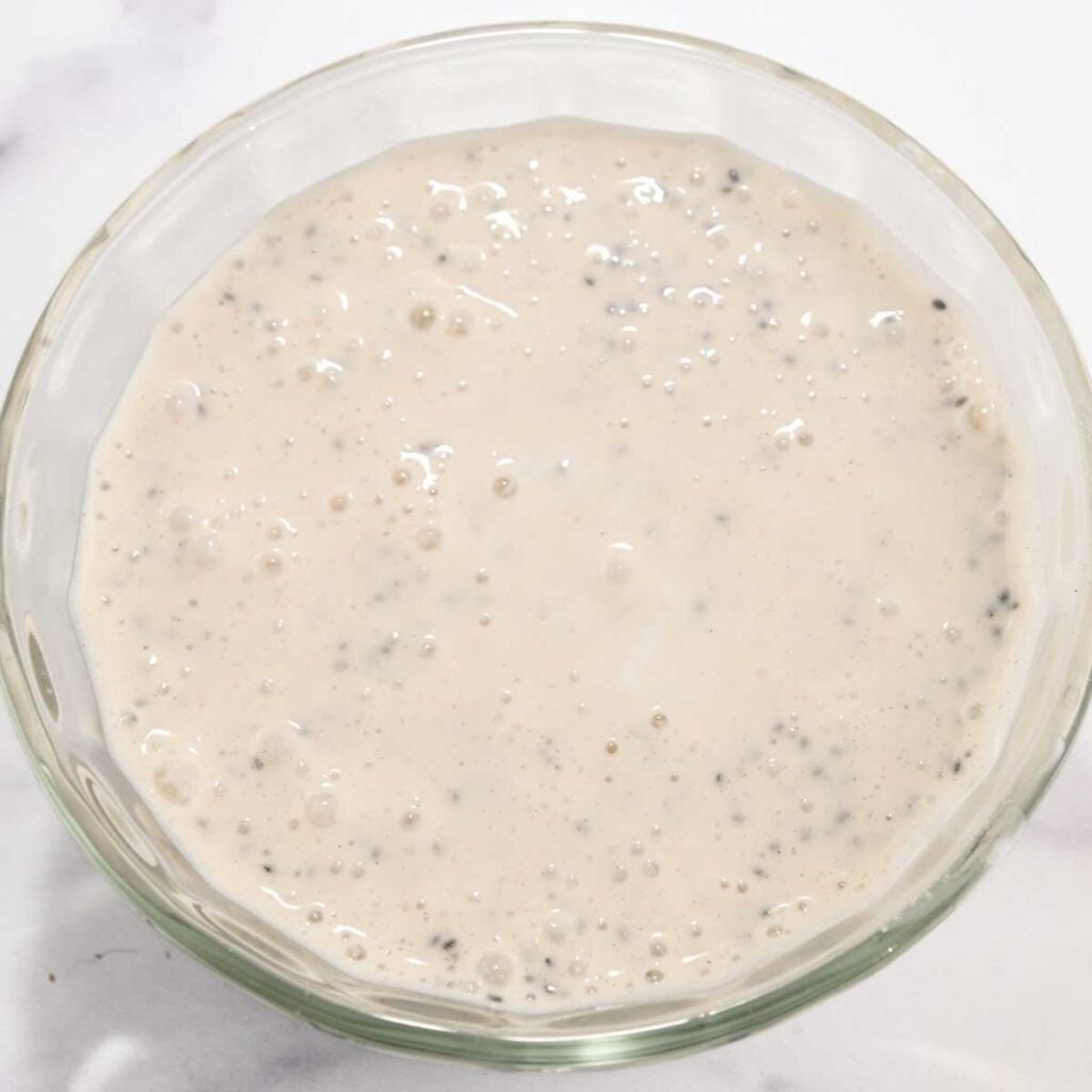prepped cottage cheese chia pudding in a glass bowl on a white background.