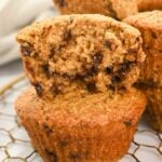 close up bite shot of the inside of a chocolate chip cookie muffin.