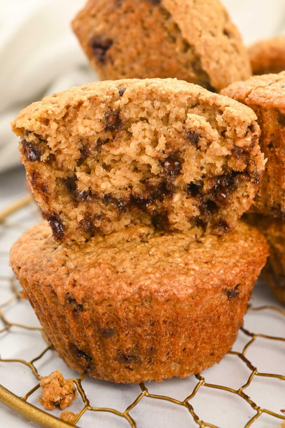 close up bite shot of the insides of chocolate chip cookie muffins.